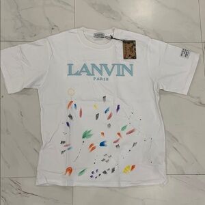 LANVIN Paris White Painted T-Shirt Blue Logo Men’s size Large